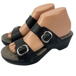 Dansko Sophie Womens 40 9.5 10 Black Floral Embossed Leather Slide Sandals